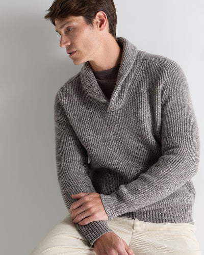 N.Peal Men's Shawl Collar Cashmere Jumper Soft Truffle Brown Marl