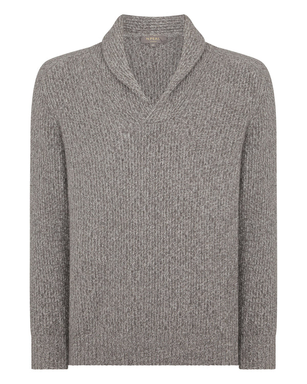 N.Peal Men's Shawl Collar Cashmere Jumper Soft Truffle Brown Marl