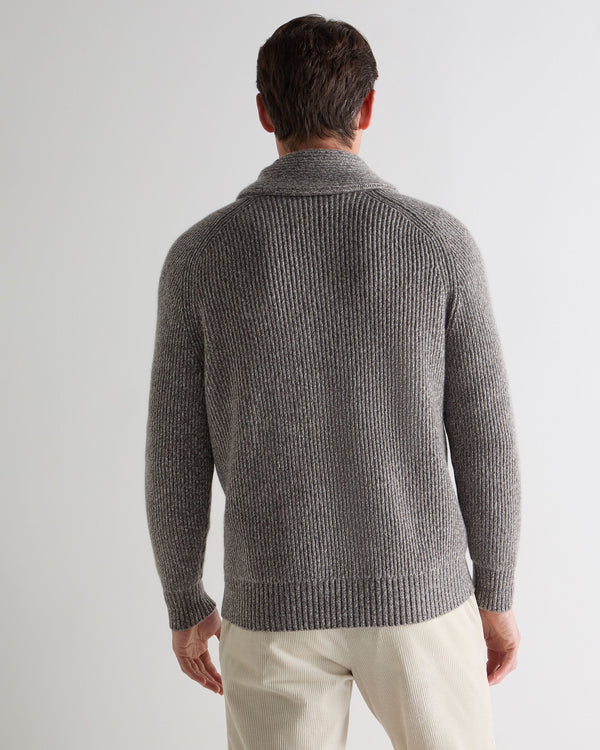 N.Peal Men's Shawl Collar Cashmere Jumper Soft Truffle Brown Marl