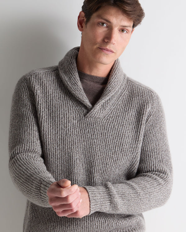 N.Peal Men's Shawl Collar Cashmere Jumper Soft Truffle Brown Marl