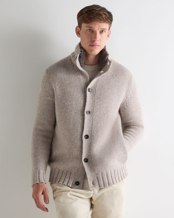 N.Peal Men's Button Through Cashmere Cardigan With Fur Basilica Beige Brown