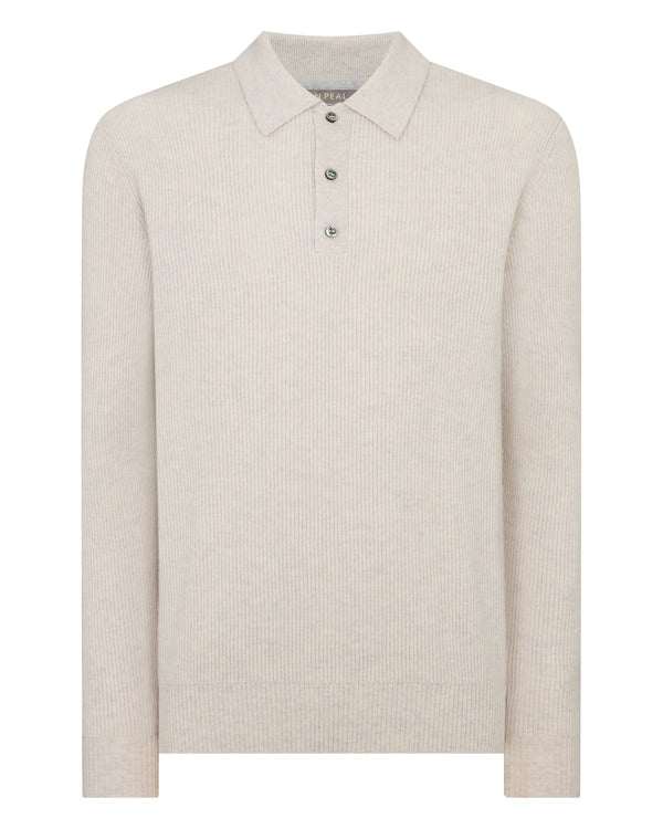 N.Peal Men's Ribbed Cashmere Polo Top Pebble Grey