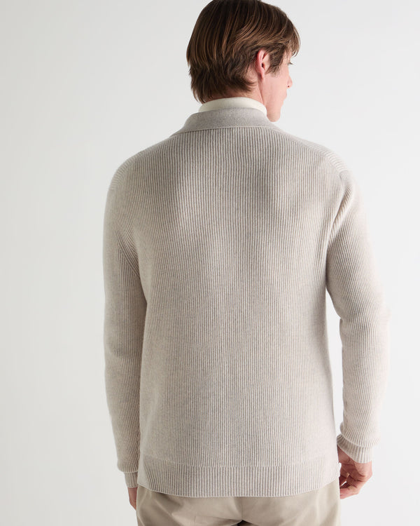 N.Peal Men's Ribbed Cashmere Polo Top Pebble Grey