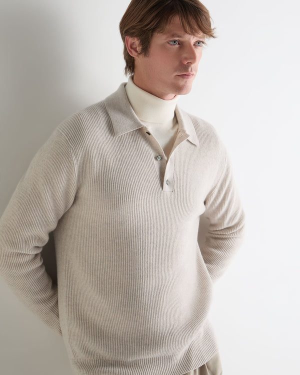 N.Peal Men's Ribbed Cashmere Polo Top Pebble Grey