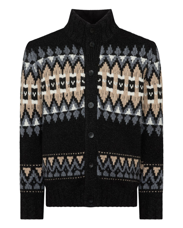 N.Peal Men's Jacquard Button Through Cashmere Cardigan Charcoal Grey