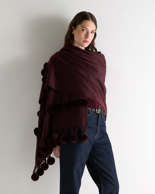 N.Peal Women's Davos Fur Bobble Woven Shawl Claret Red