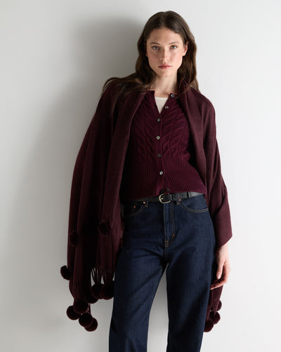 N.Peal Women's Davos Fur Bobble Woven Shawl Claret Red