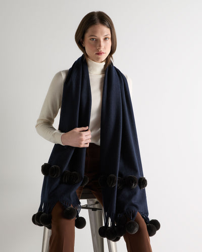 N.Peal Women's Davos Fur Bobble Woven Shawl Navy Blue