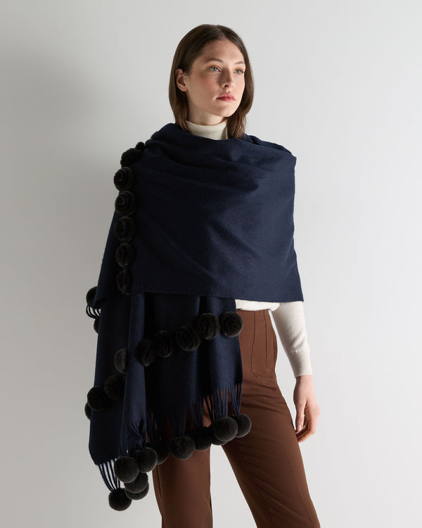 N.Peal Women's Davos Fur Bobble Woven Shawl Navy Blue