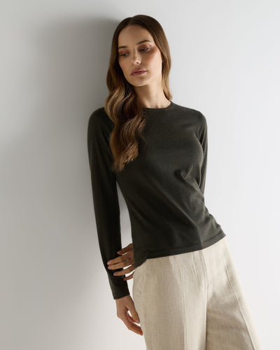 N.Peal Women's Eden Superfine Cashmere Round Neck Top Arabica Khaki Green