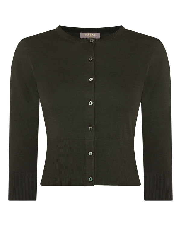 N.Peal Women's Darcie Superfine Cashmere Cropped Cardigan Arabica Khaki Green