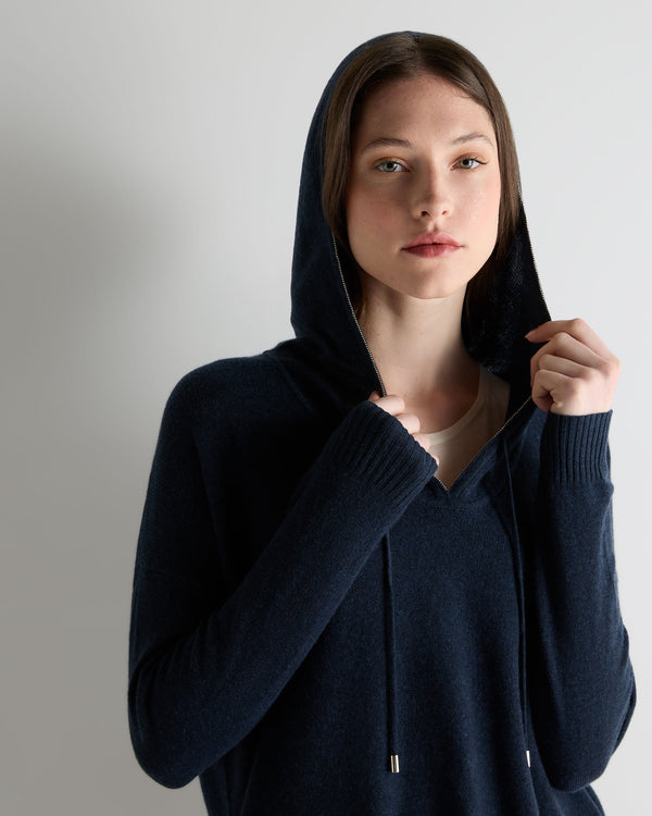 N.Peal Women's Maya Metal Trim Cashmere Hoodie Indigo Blue