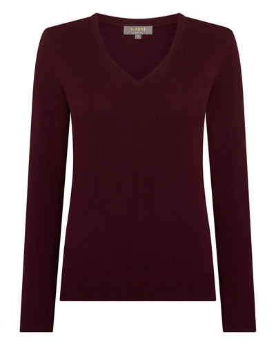 N.Peal Women's Phoebe V Neck Cashmere Jumper Bordeaux Red
