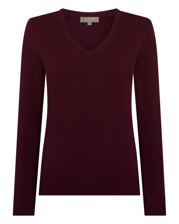 N.Peal Women's Phoebe V Neck Cashmere Jumper Bordeaux Red