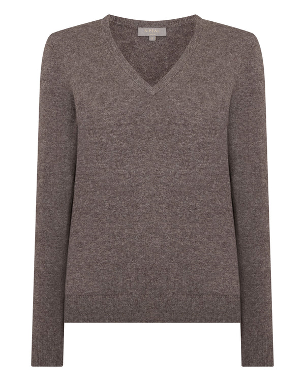 N.Peal Women's Phoebe V Neck Cashmere Jumper Otter Brown