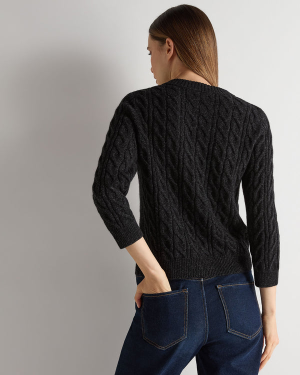 N.Peal Women's Emilia Cable Round Neck Cashmere Jumper Charcoal Grey Melange