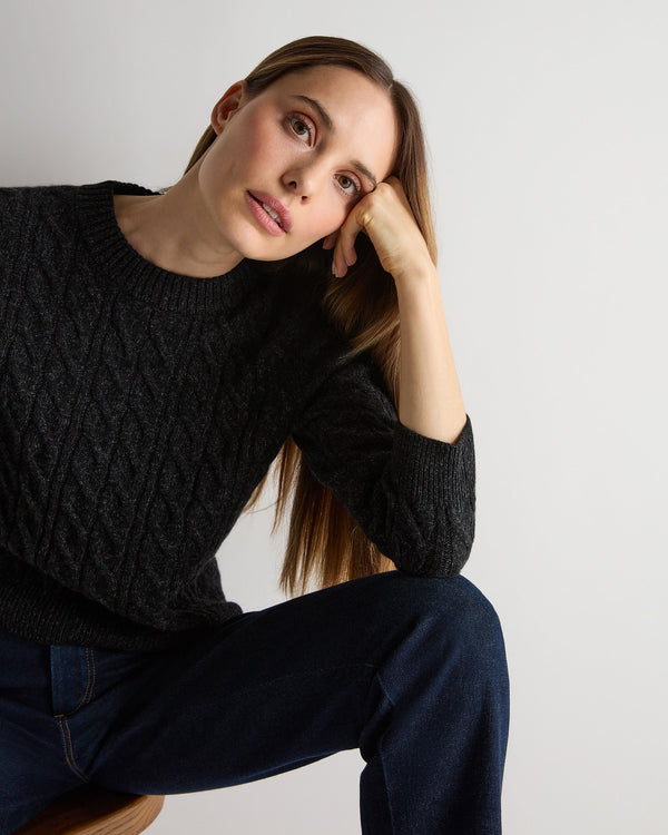 N.Peal Women's Emilia Cable Round Neck Cashmere Jumper Charcoal Grey Melange