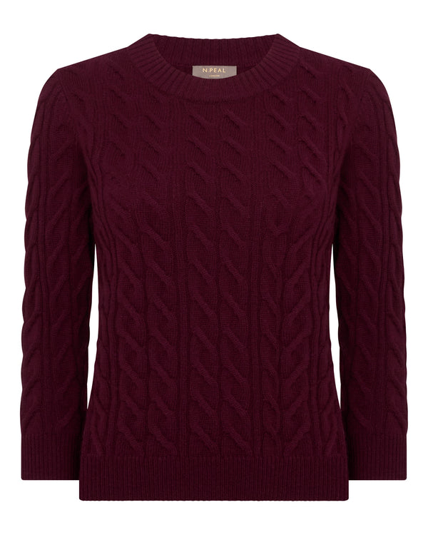 N.Peal Women's Emilia Cable Round Neck Cashmere Jumper Bordeaux Red