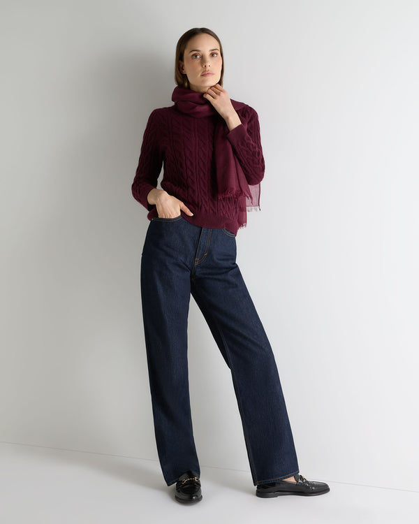 N.Peal Women's Emilia Cable Round Neck Cashmere Jumper Bordeaux Red