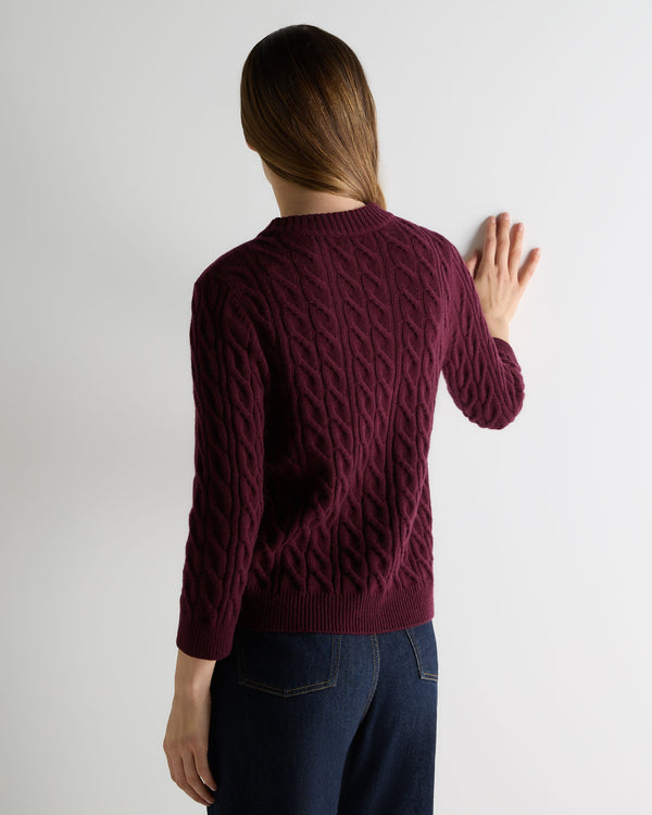 N.Peal Women's Emilia Cable Round Neck Cashmere Jumper Bordeaux Red