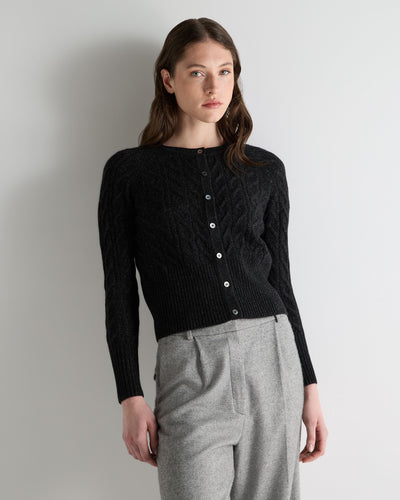 N.Peal Women's Myla Cable Cashmere Cardigan Charcoal Grey Melange