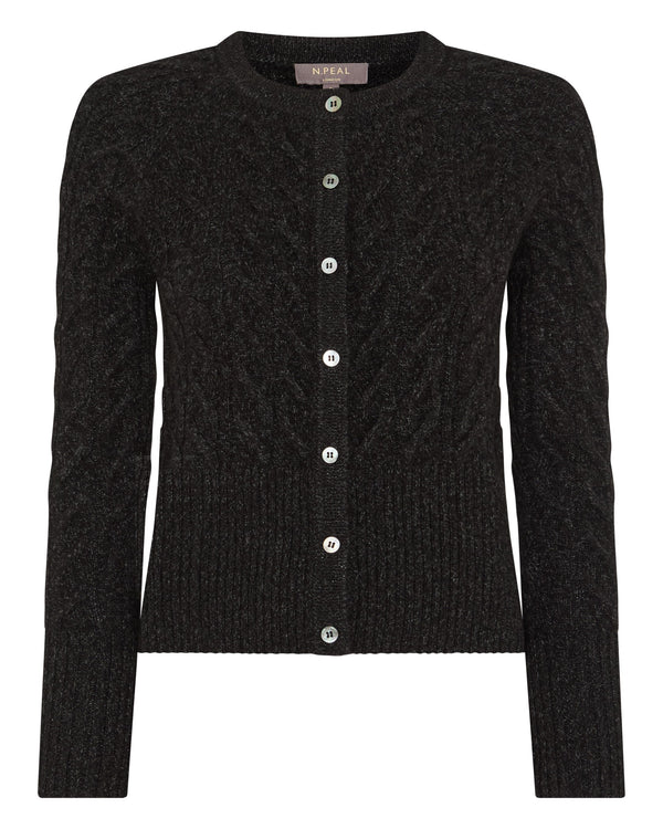 N.Peal Women's Myla Cable Cashmere Cardigan Charcoal Grey Melange
