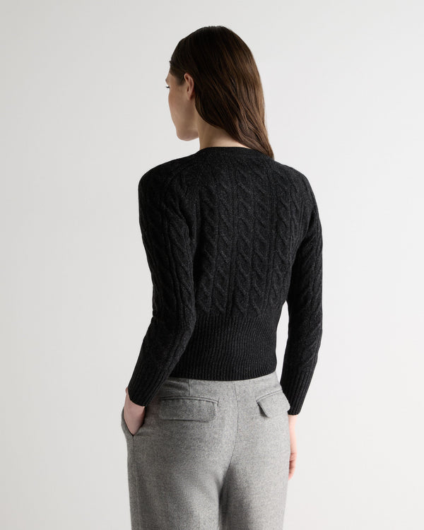 N.Peal Women's Myla Cable Cashmere Cardigan Charcoal Grey Melange
