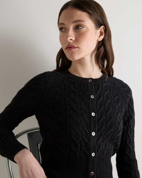 N.Peal Women's Myla Cable Cashmere Cardigan Charcoal Grey Melange