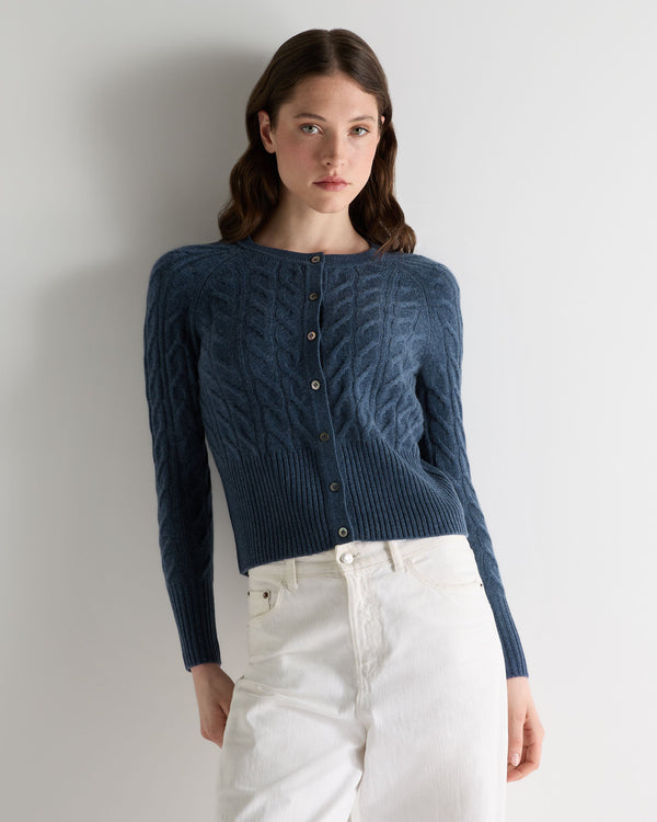 N.Peal Women's Myla Cable Cashmere Cardigan Light Denim Blue