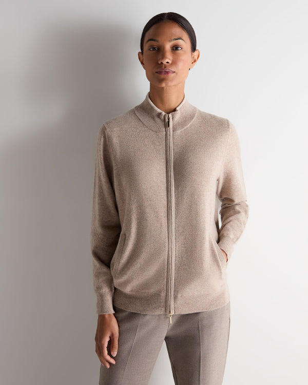 N.Peal Women's Alisa Full Zip Cashmere Cardigan Oatmeal Brown