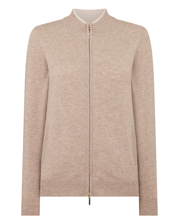 N.Peal Women's Alisa Full Zip Cashmere Cardigan Oatmeal Brown
