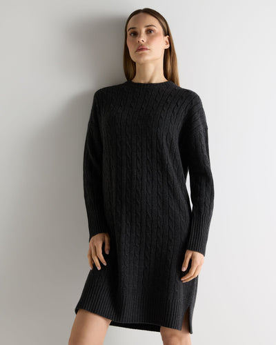 N.Peal Women's Bella Round Neck Cable Cashmere Dress Deep Charcoal Grey