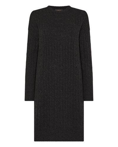 N.Peal Women's Bella Round Neck Cable Cashmere Dress Deep Charcoal Grey