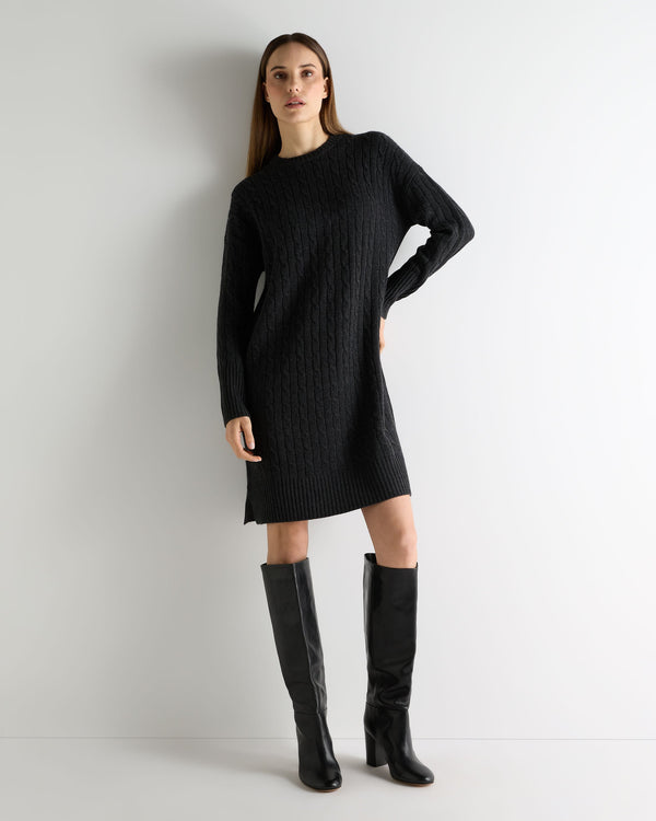 N.Peal Women's Bella Round Neck Cable Cashmere Dress Deep Charcoal Grey