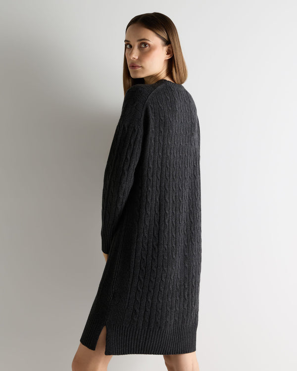 N.Peal Women's Bella Round Neck Cable Cashmere Dress Deep Charcoal Grey