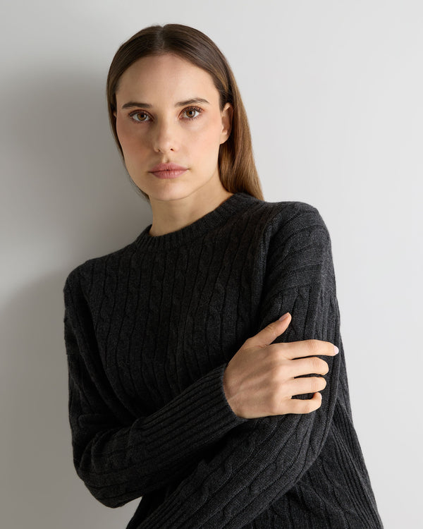 N.Peal Women's Bella Round Neck Cable Cashmere Dress Deep Charcoal Grey