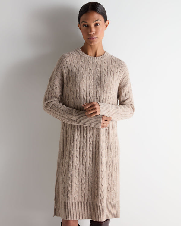 N.Peal Women's Bella Round Neck Cable Cashmere Dress Oatmeal Brown