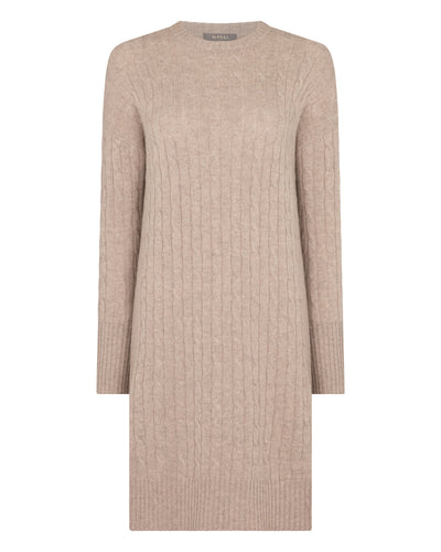 N.Peal Women's Bella Round Neck Cable Cashmere Dress Oatmeal Brown