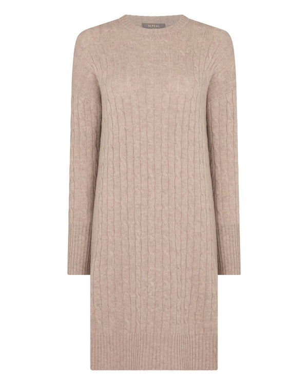 N.Peal Women's Bella Round Neck Cable Cashmere Dress Oatmeal Brown