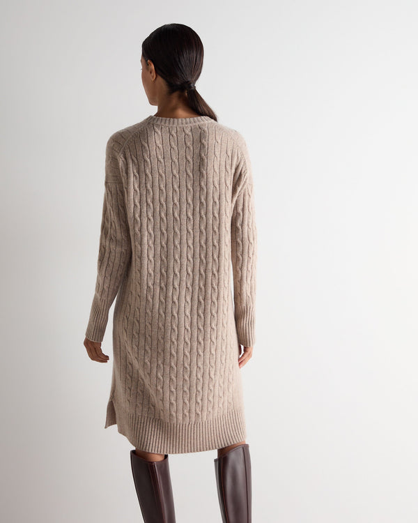 N.Peal Women's Bella Round Neck Cable Cashmere Dress Oatmeal Brown