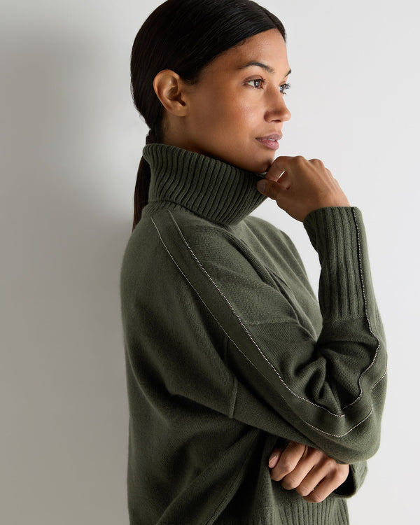 N.Peal Women's Mollie Metal Roll Neck Cashmere Jumper Army Green