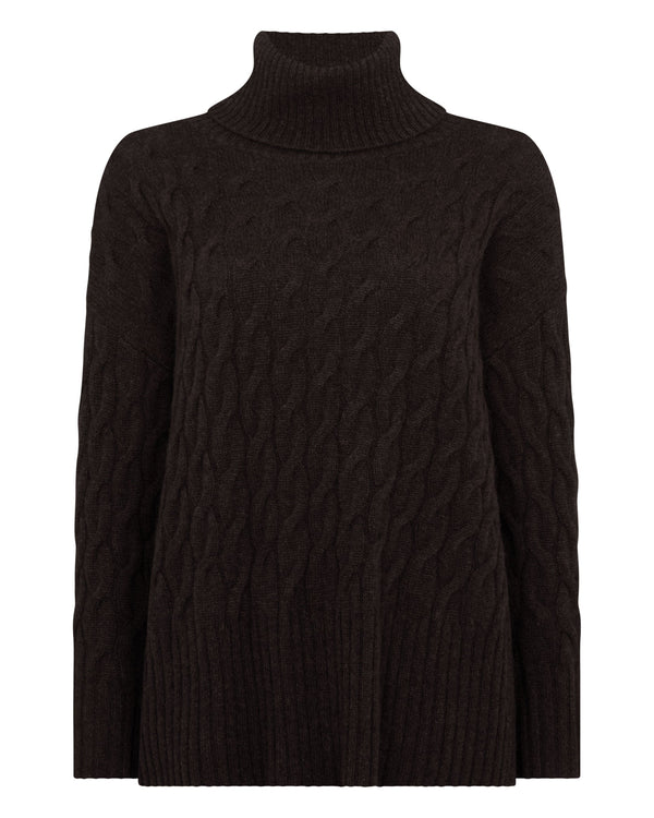 N.Peal Women's Emmie Relaxed Cable Roll Neck Cashmere Jumper Chocolate Brown
