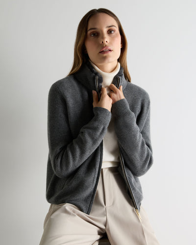 N.Peal Women's Honeycomb Full Zip Cashmere Jumper With Fur Trim Elephant Grey