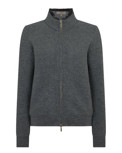 N.Peal Women's Honeycomb Full Zip Cashmere Jumper With Fur Trim Elephant Grey