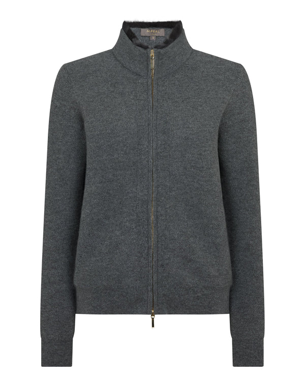 N.Peal Women's Honeycomb Full Zip Cashmere Jumper With Fur Trim Elephant Grey