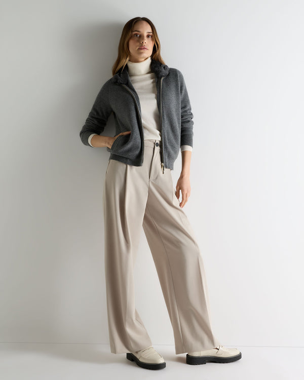 N.Peal Women's Honeycomb Full Zip Cashmere Jumper With Fur Trim Elephant Grey