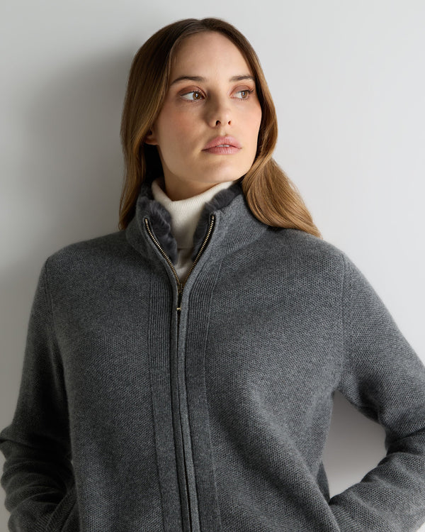 N.Peal Women's Honeycomb Full Zip Cashmere Jumper With Fur Trim Elephant Grey