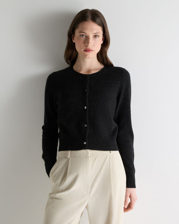 N.Peal Women's Chunky Crop Cashmere Cardigan Charcoal Grey Melange