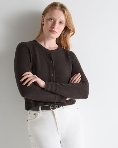 N.Peal Women's Chunky Crop Cashmere Cardigan Chocolate Brown