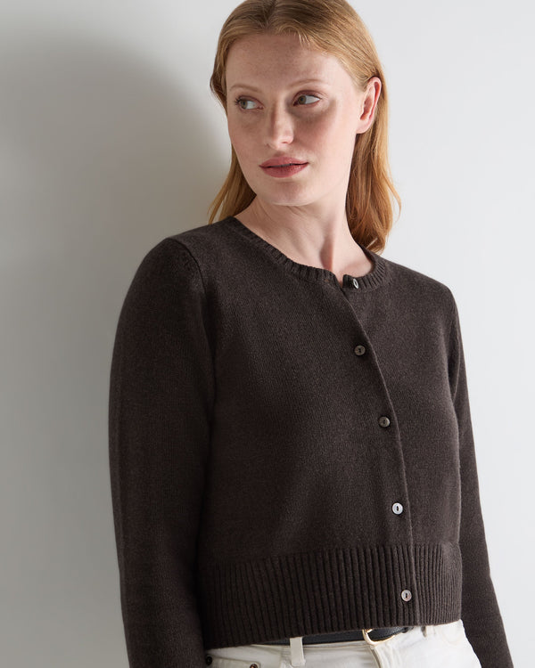 N.Peal Women's Chunky Crop Cashmere Cardigan Chocolate Brown